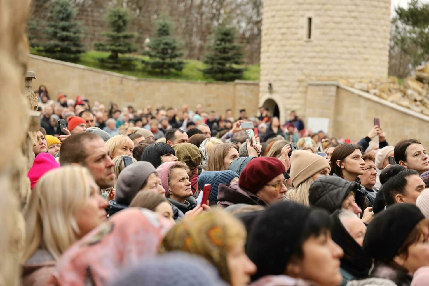 TERNOPIL, UKRAINE - APRIL 2, 2023 Many people during mission in complex of Ukrainian Jerusalem in the Mari spiritual center of Zarvanytsia In the Terebovlya district of the Ternopil photo