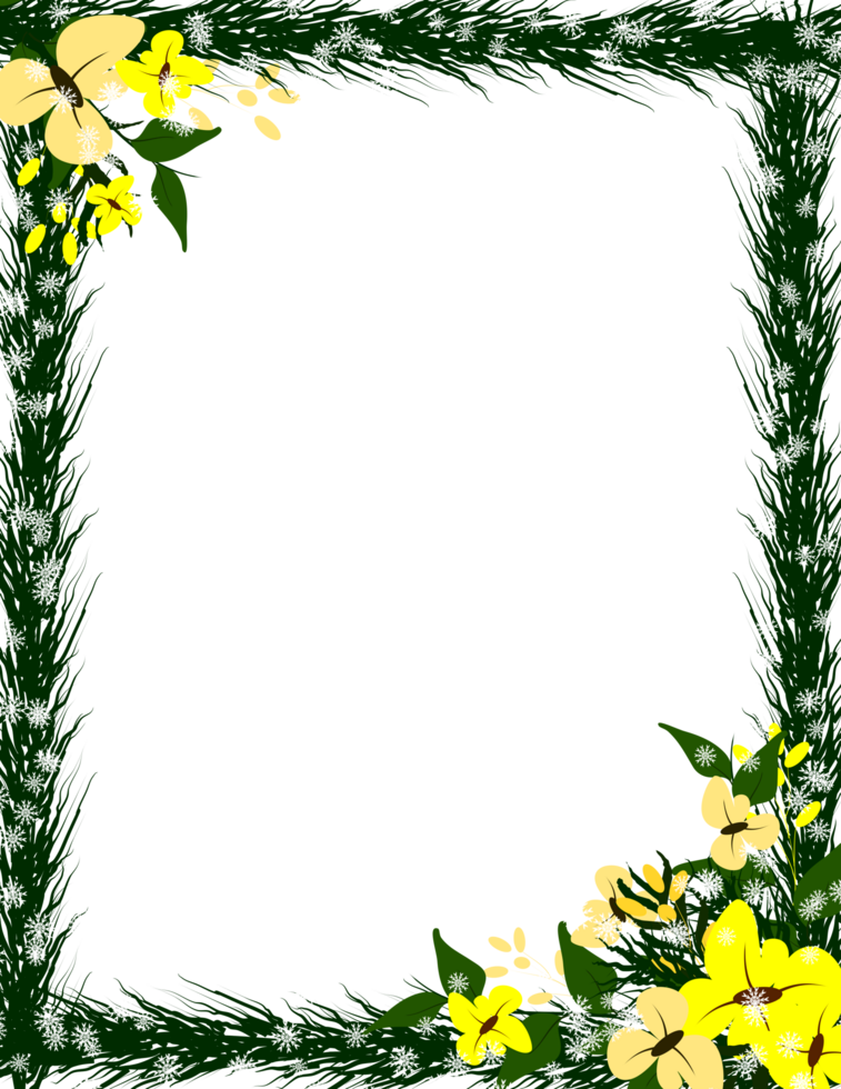 Winter frame with pine leaves and yellow flowers. floral border png