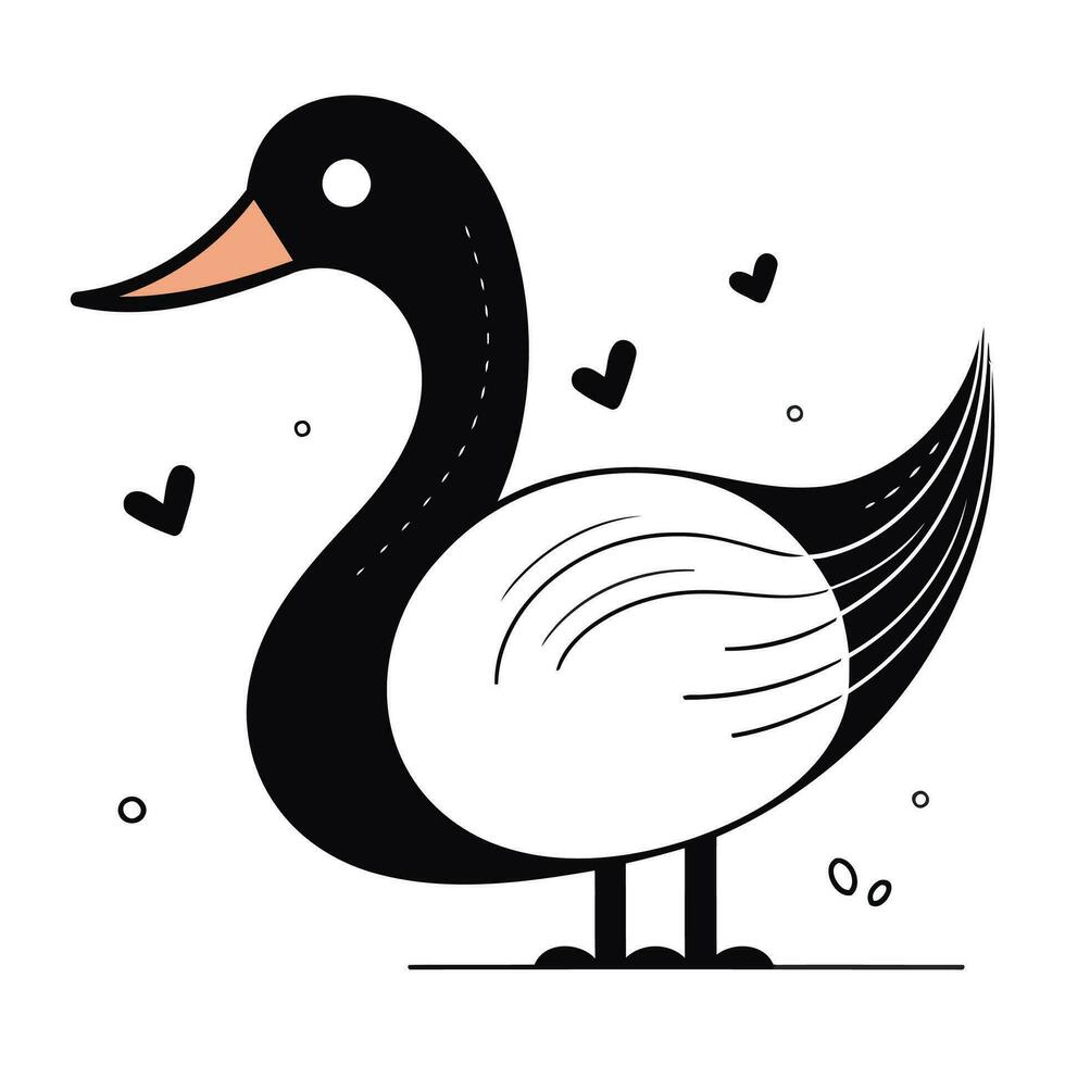 negro y blanco vector ilustración de un linda dibujos animados Pato con corazones.