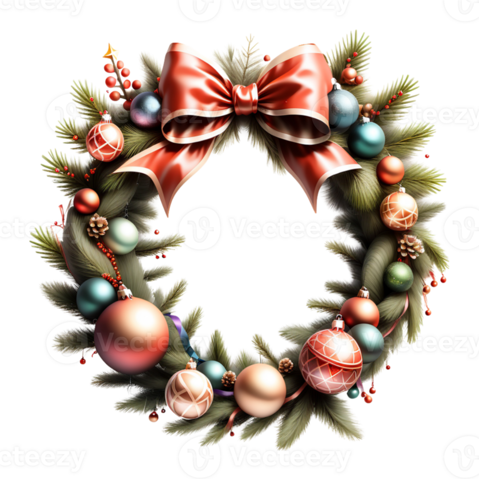Christmas Wreath with Ribbons Balls and Bow Isolated. AI Generative png