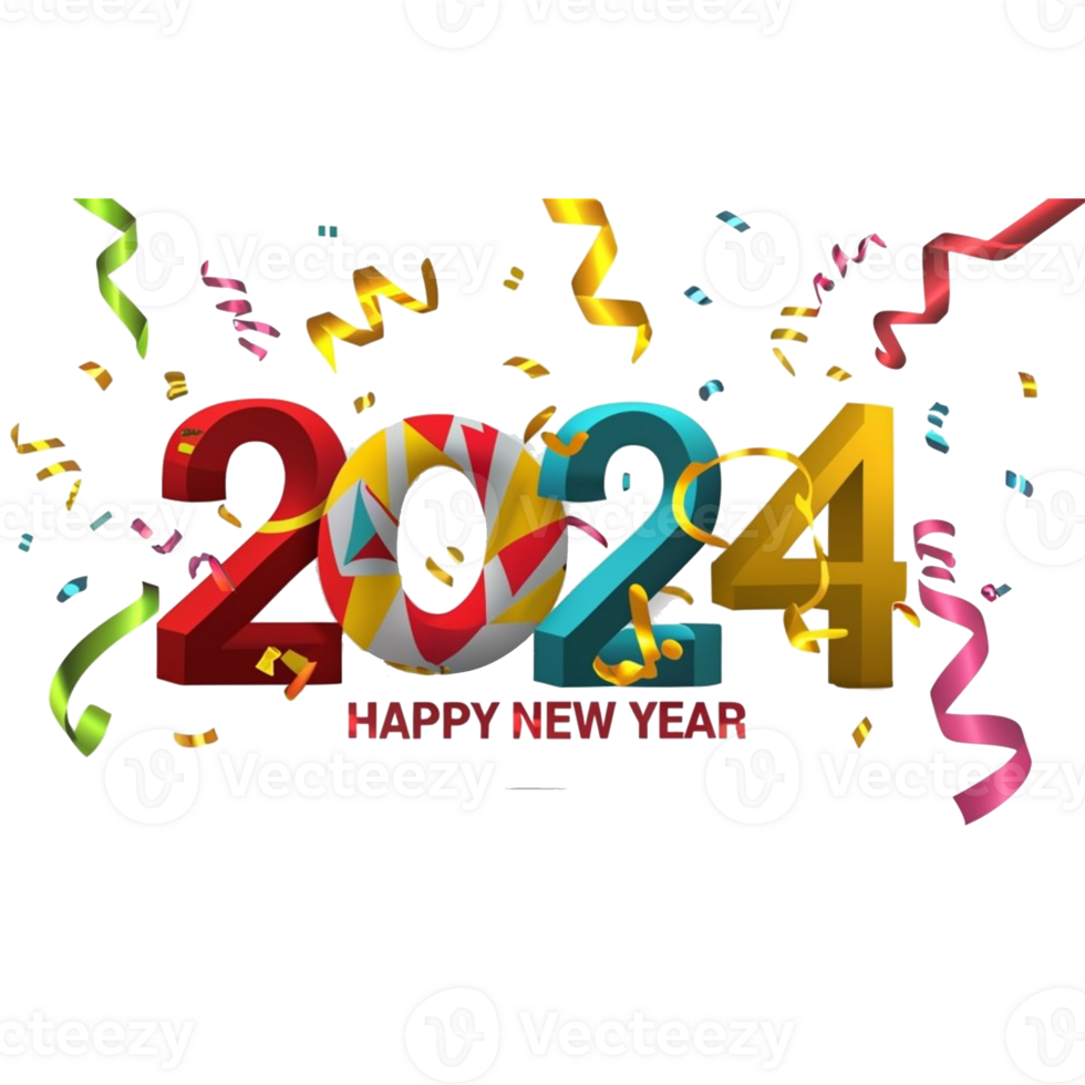 Happy new year 2024 colorful 3d text effect png