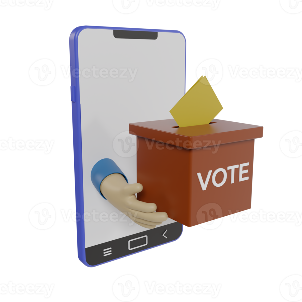 3d render icon of smartphone, voting box and hand holding ballot paper. concept illustration of online voting via mobile phone png