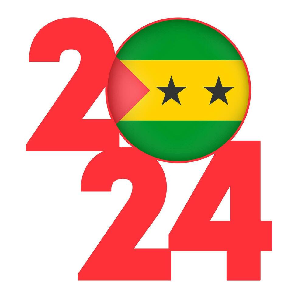 Happy New Year 2024 banner with Saint Thomas and Prince flag inside. Vector illustration.
