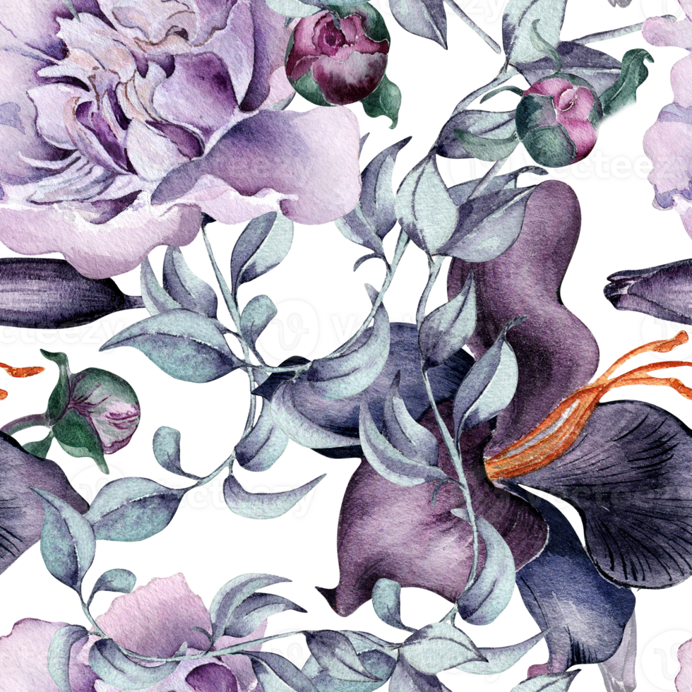 Watercolor pattern of purple peony, lily flower. Gothic floral seamless pattern hand drawn. Gothic Wedding background in vintage style. Design for textile, backdrop, package, paper. png