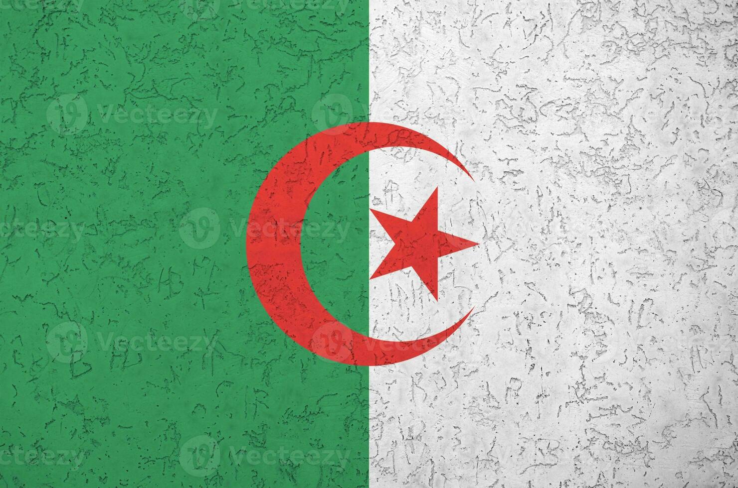 bandera de argelia representada en colores de pintura brillante en la antigua pared de yeso en relieve. banner texturizado sobre fondo áspero foto