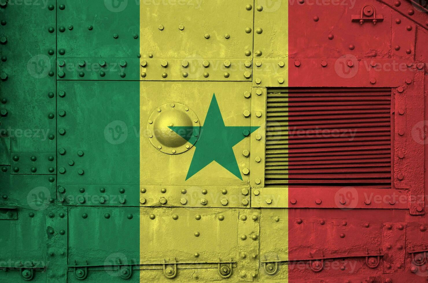 Senegal flag depicted on side part of military armored tank closeup. Army forces conceptual background photo