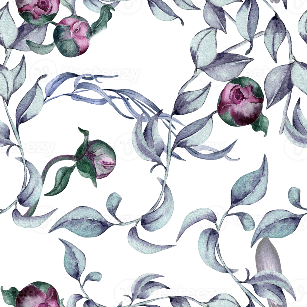 Watercolor pattern of stems and buds. Gothic floral seamless pattern hand drawn. Gothic Wedding background foliage in vintage style. Design for textile, backdrop, package, paper. png