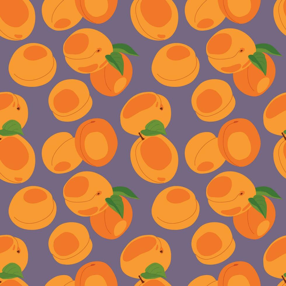 Apricot seamless pattern. Vector. Fruits whole and cut into pieces on a dark background. Summer tropical endless background for label, fabric, packaging. vector
