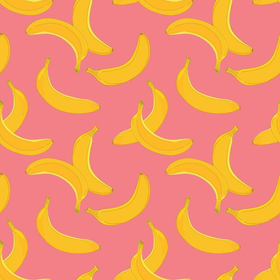 Banana seamless pattern on a pink background. Vector illustration. Design for wrapping paper, textile, fabric. Yellow ripe exotic fruit.