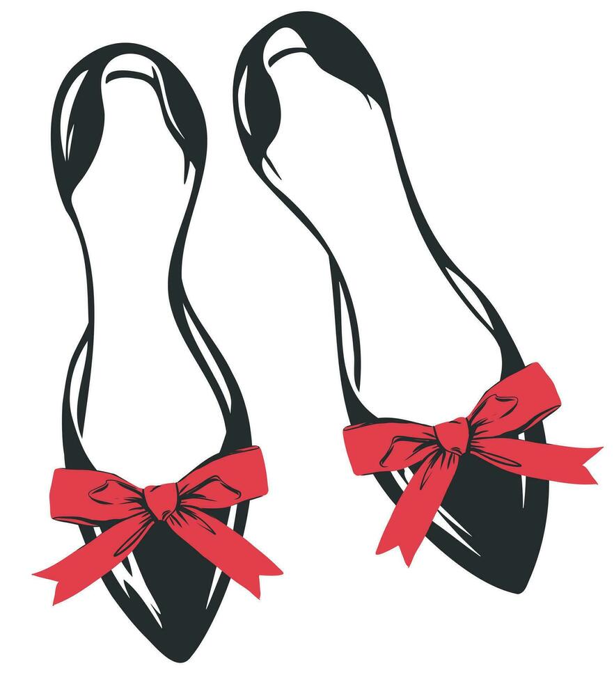 Comfortable shoes without a heel, decorated with red bows. Ballet flats - women's shoes, silhouette. Vector illustration for business, logo, shop design.