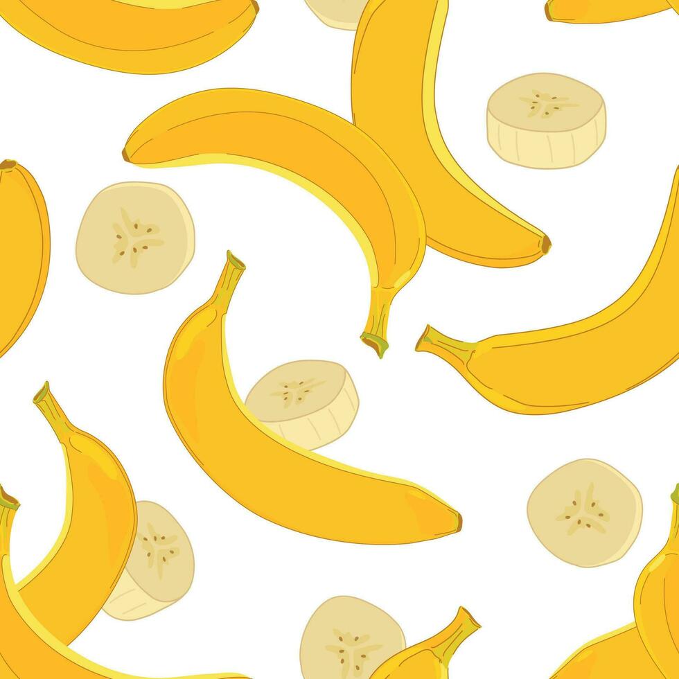 Banana seamless pattern on white background. Vector. Design for wrapping paper, textile, fabric. Yellow ripe exotic fruits whole in peel and pieces of pulp. vector