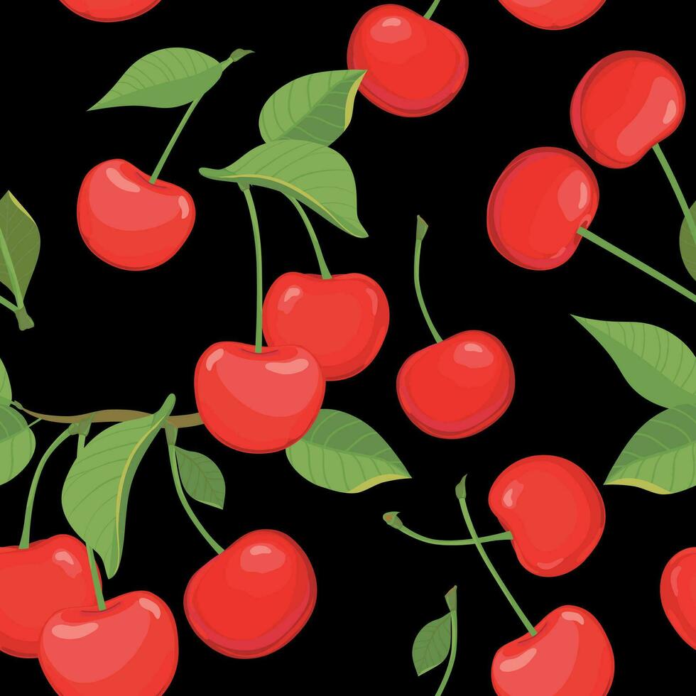 Seamless pattern with cherry on a black background. Flat style vector illustration for summer stylish design, wallpapers, packaging, textiles, fabrics.