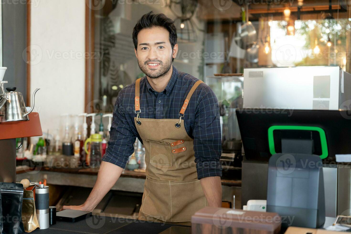 Business man owner open on the first day of business. guarantees safety, cleanliness, open the coffee shop. open for New normal. Small business, welcome, restaurant, home made photo