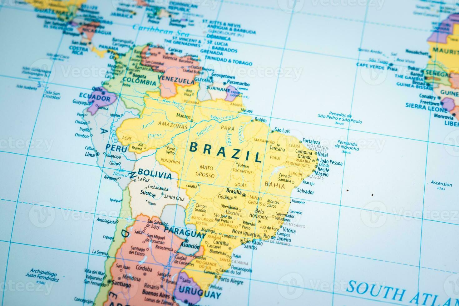 Close-up of the country word Brazil on a world map. photo