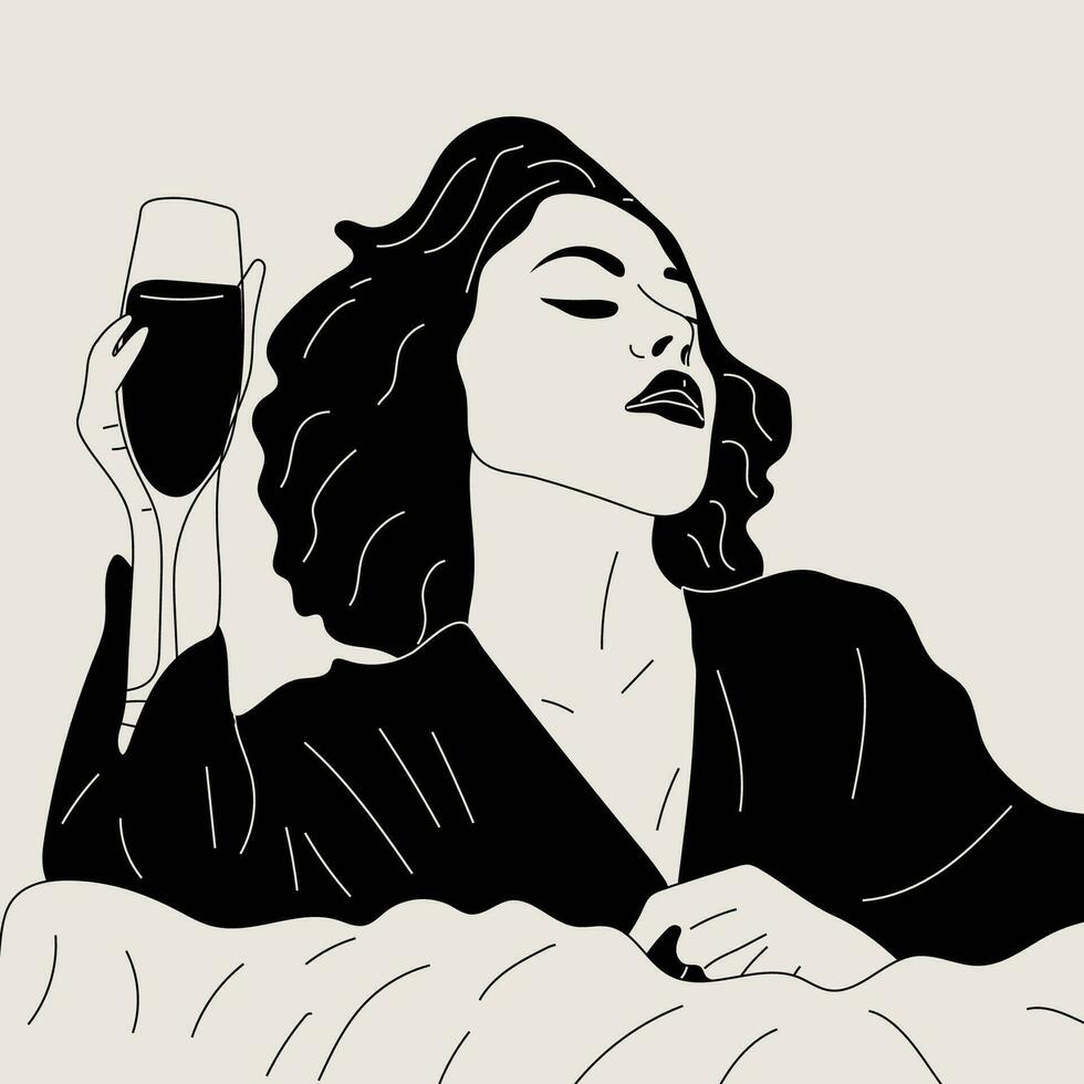 Black and white woman drinks a glass of Champagne in bed. Vector. Wine time vector