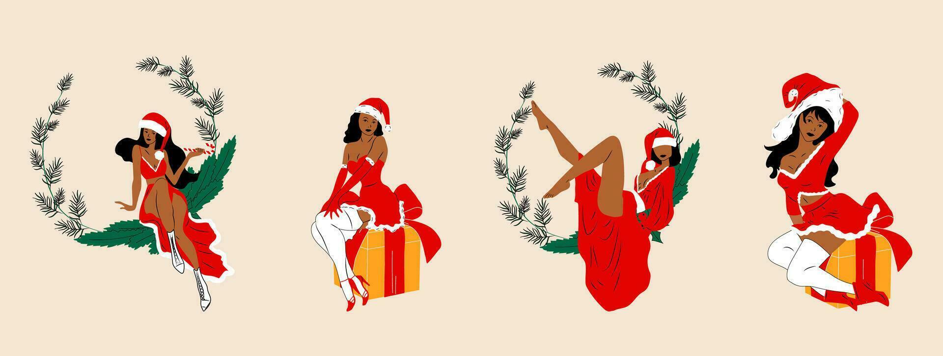 Set of Girls is dressed in a sexy Christmas dress. Cute ladies. Pin-up, retro style. Hand drawn modern Vector illustration.