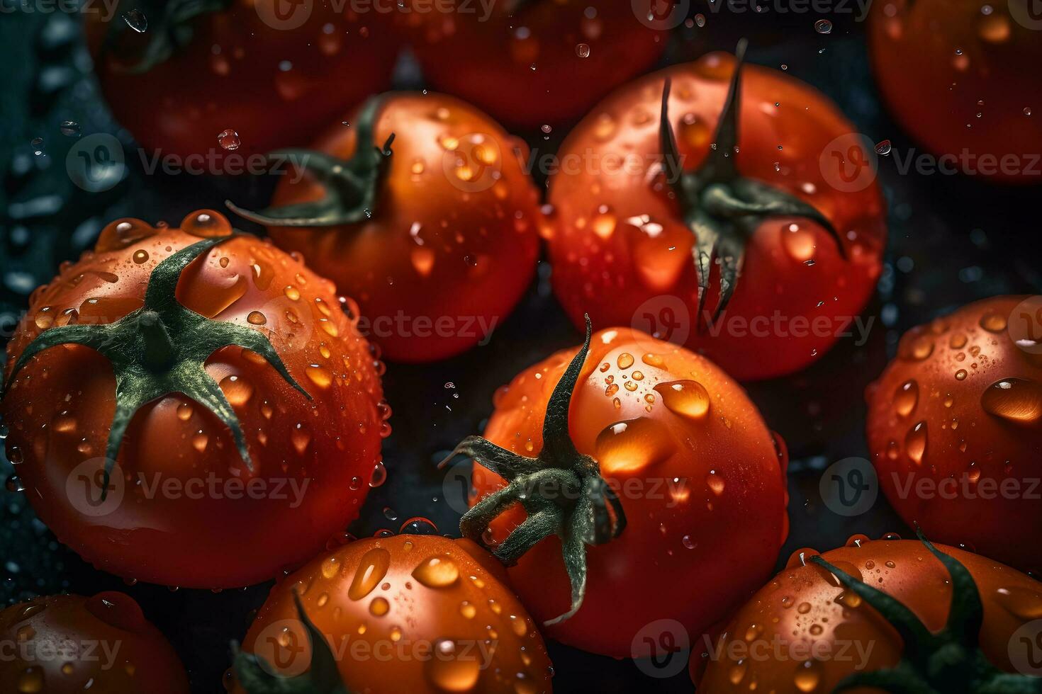 Many tomatoes with water drops, abstract background. Neural network AI generated photo