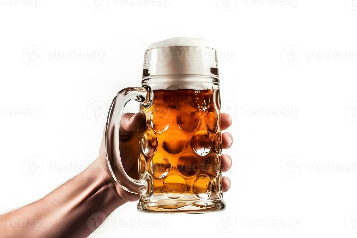 Hand holding a glass of beer on a white background. Neural network AI generated photo