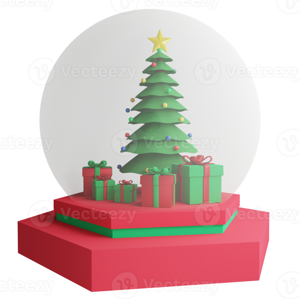 Christmas tree and present glitter globe clipart flat design icon isolated on transparent background, 3D render Christmas and New year concept png