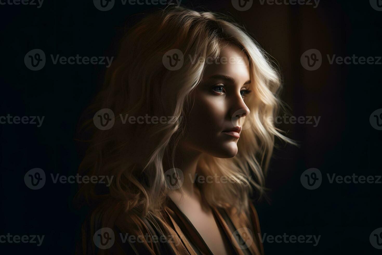 Portrait of a blonde girl on a dark background. Neural network AI generated photo