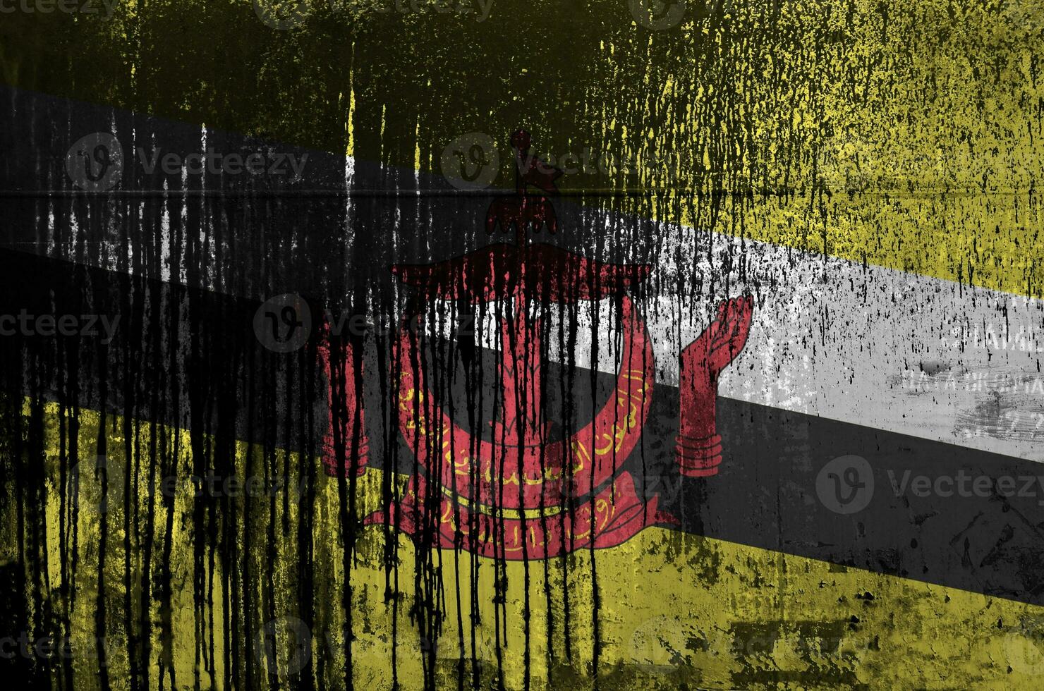 Brunei Darussalam flag depicted in paint colors on old and dirty oil barrel wall closeup. Textured banner on rough background photo