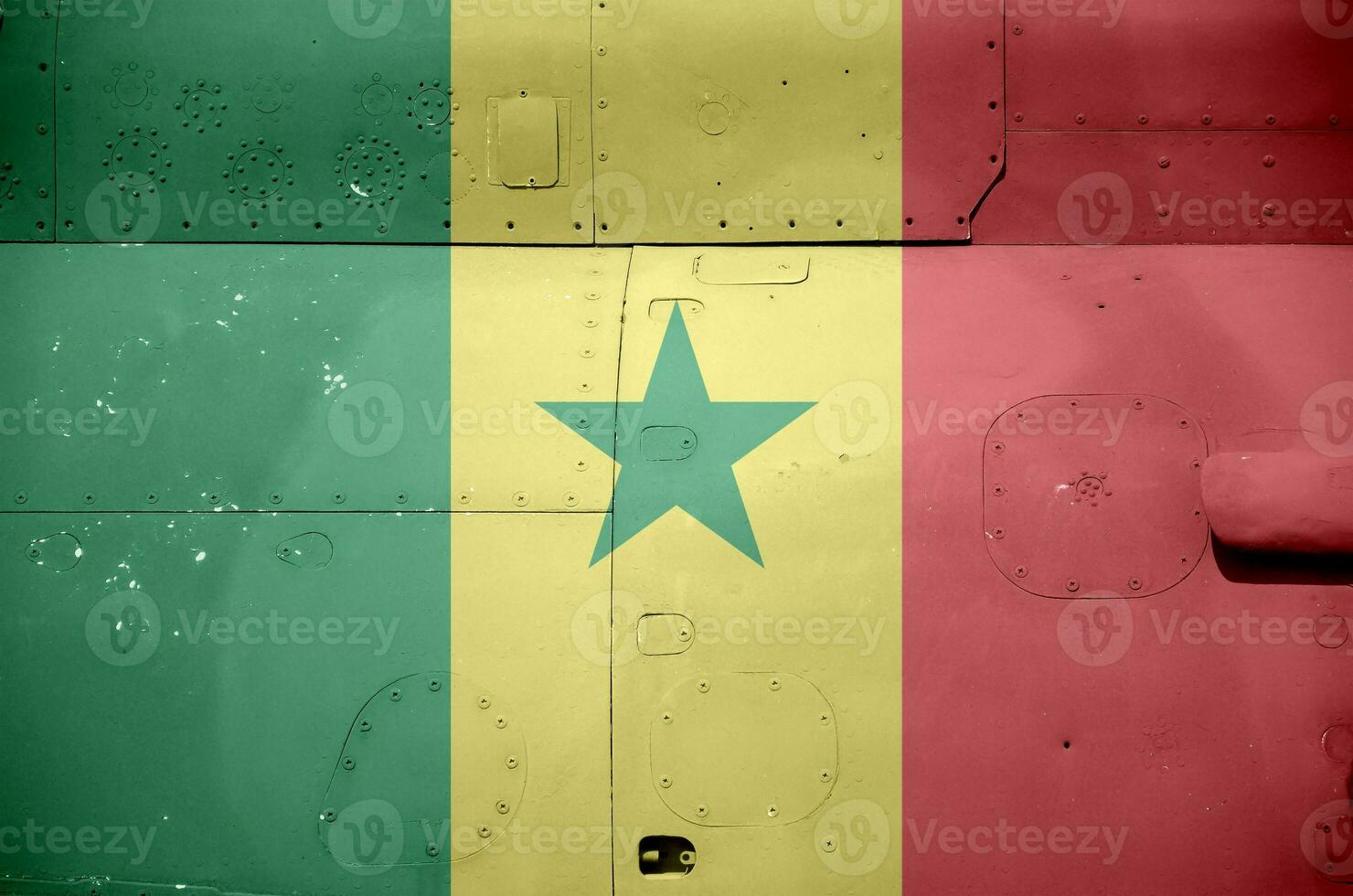 Senegal flag depicted on side part of military armored helicopter closeup. Army forces aircraft conceptual background photo