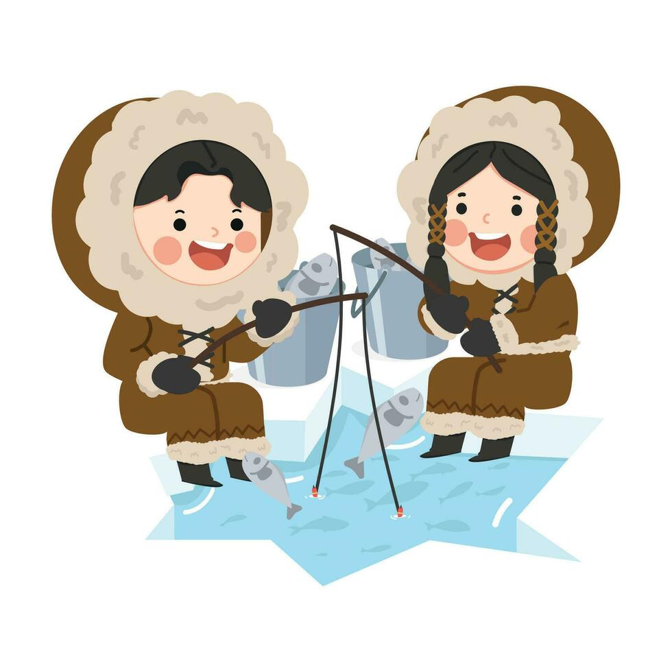 Eskimo kids sitting and fishing at snowy ice hole vector