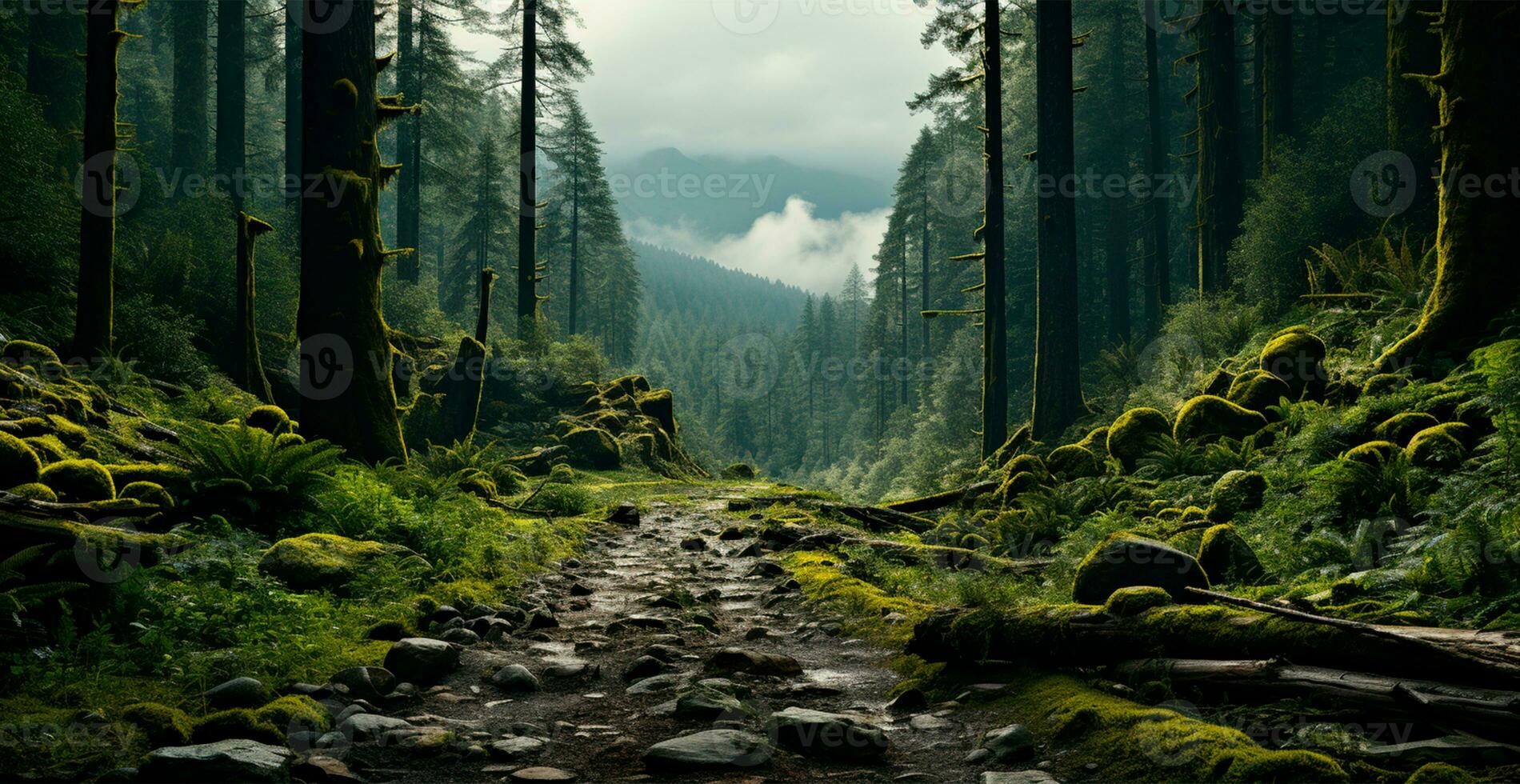 Forest road after heavy rain storm - AI generated image photo