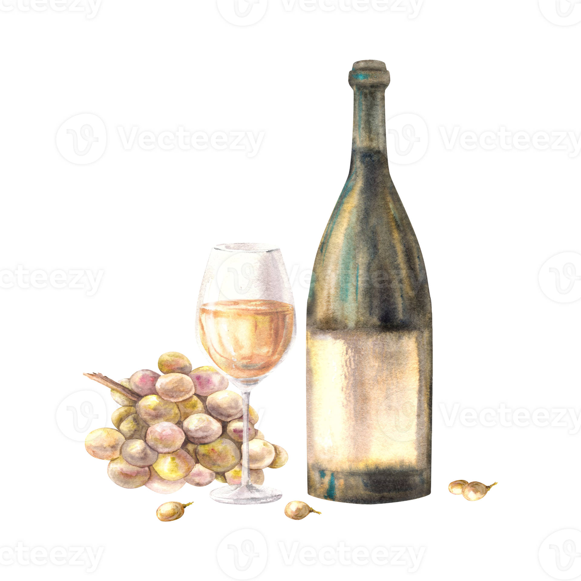 A bottle and glass of white wine with bunch of grapes and grape berries