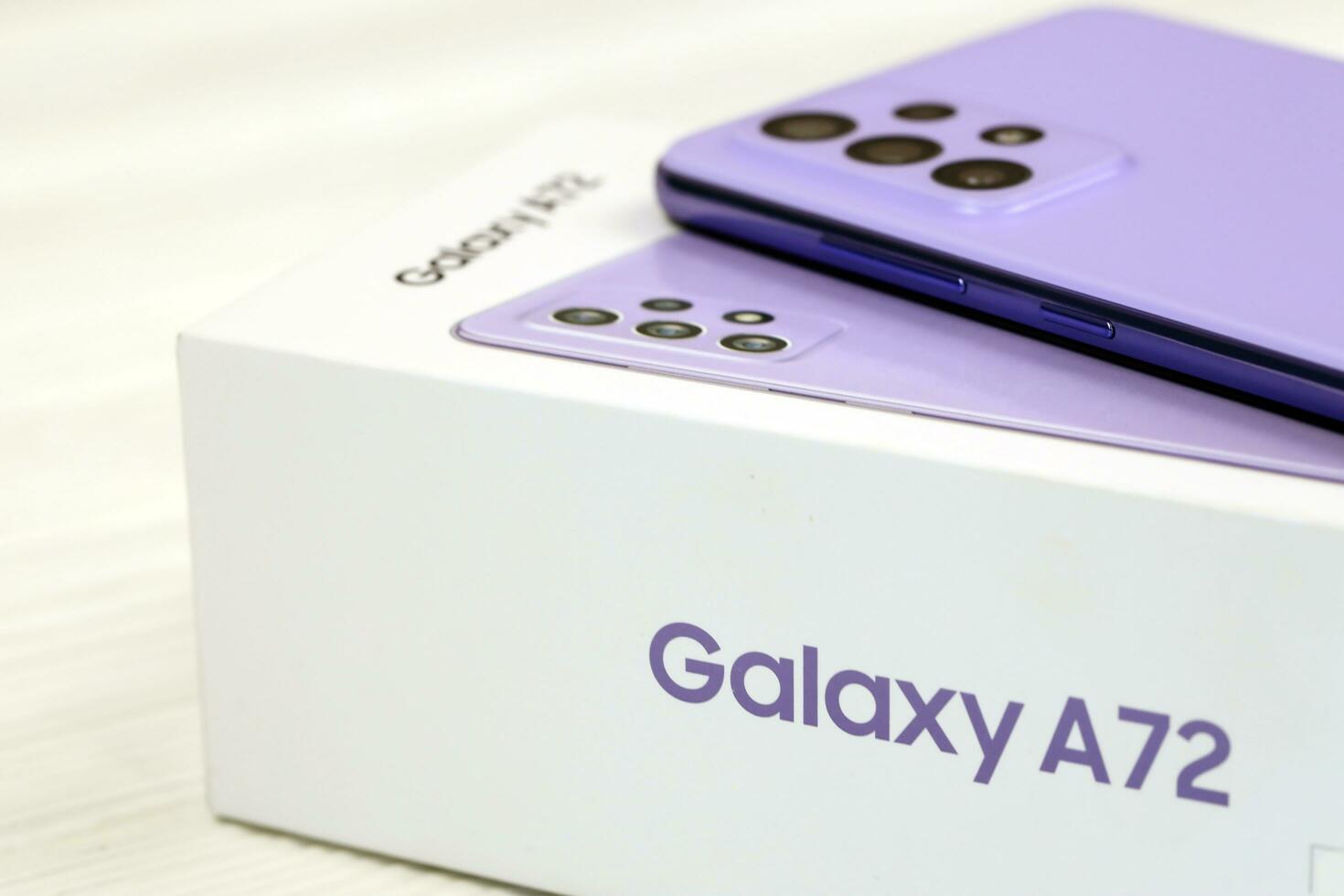 KYIV, UKRAINE - 4 MAY, 2023 Samsung Galaxy A72 Android smartphone with big display panel photo