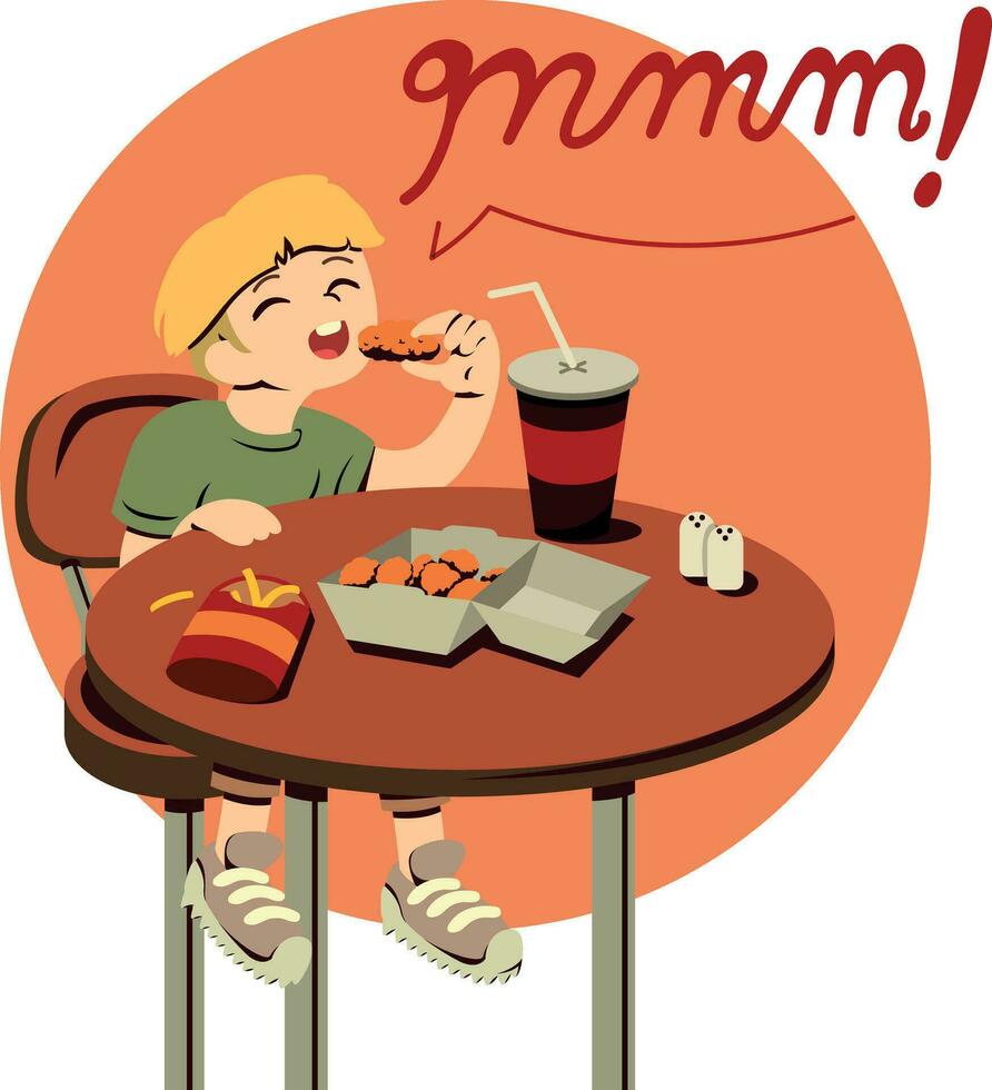 happy blond boy eating fast food vector