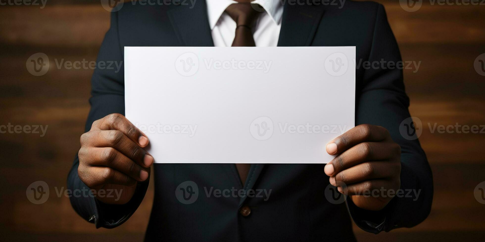 businessman holding blank, empty paper, generative AI photo