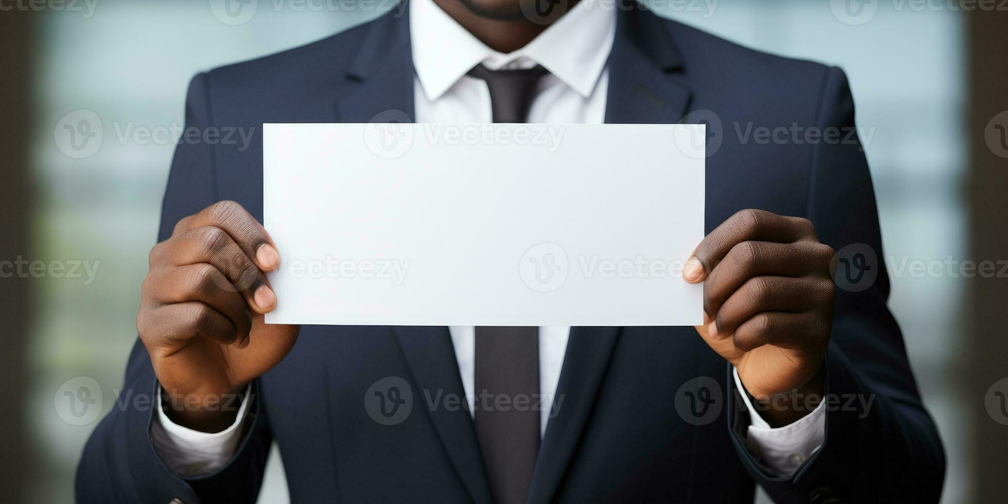 businessman holding blank, empty paper, generative AI photo