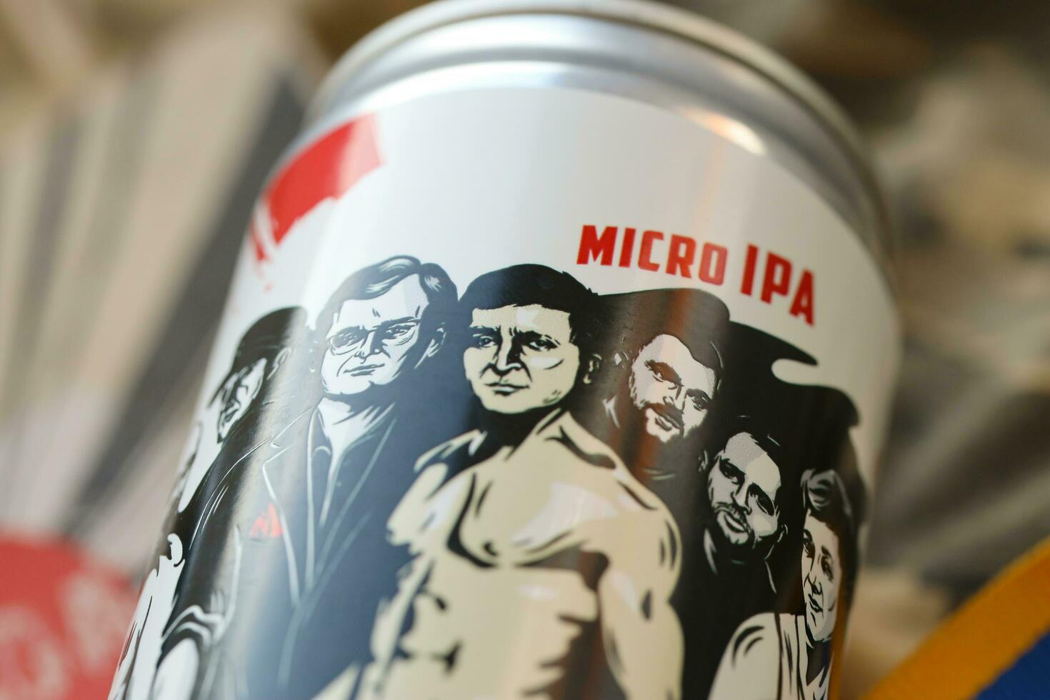KYIV, UKRAINE - MAY 4, 2022 Localy brewed beer called Fights will go on as long as they have to photo