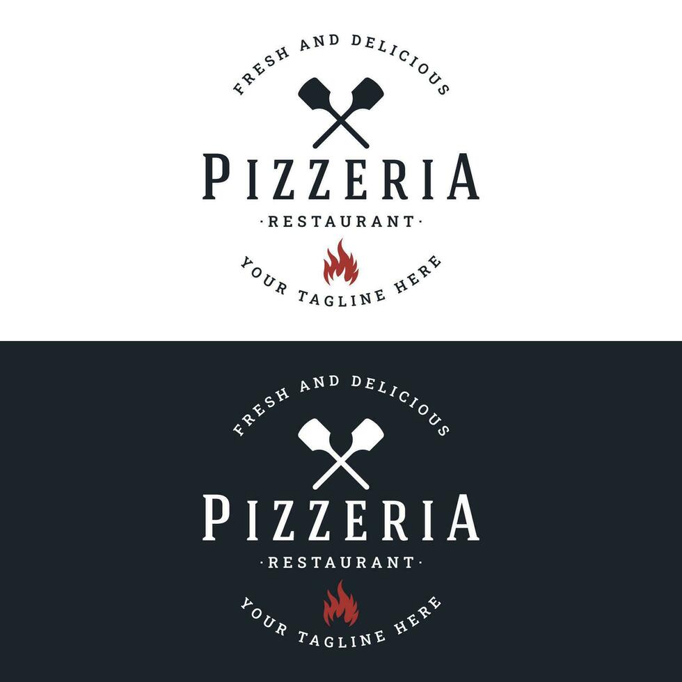 Retro vintage pizza or pizzeria logo template design with crossed shovels.Logo for business, restaurant, label and badge. vector