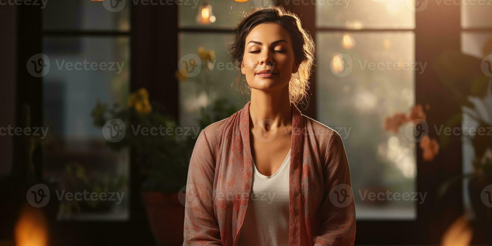 woman is meditating at home with eyes closed, generative AI photo