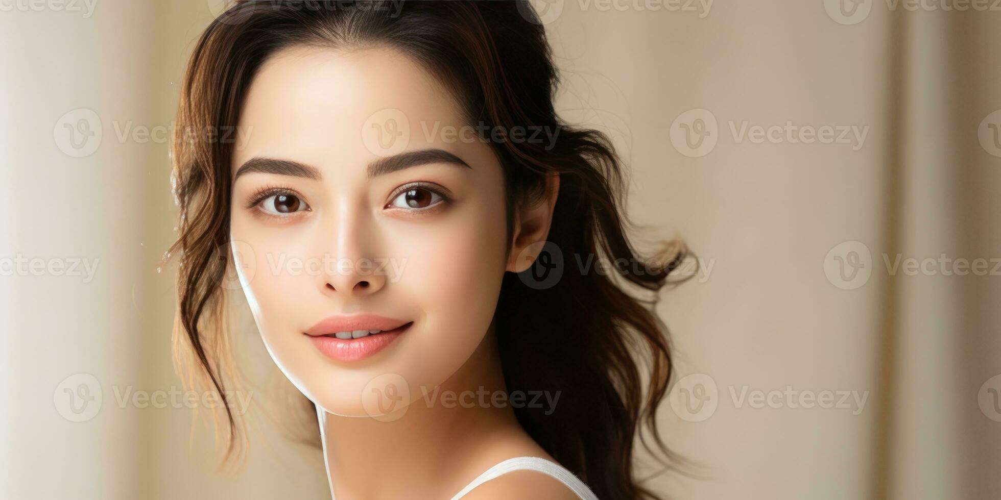 Asian 30-40 years old woman with smooth healthy face skin. skincare commercial portrait, generative AI photo