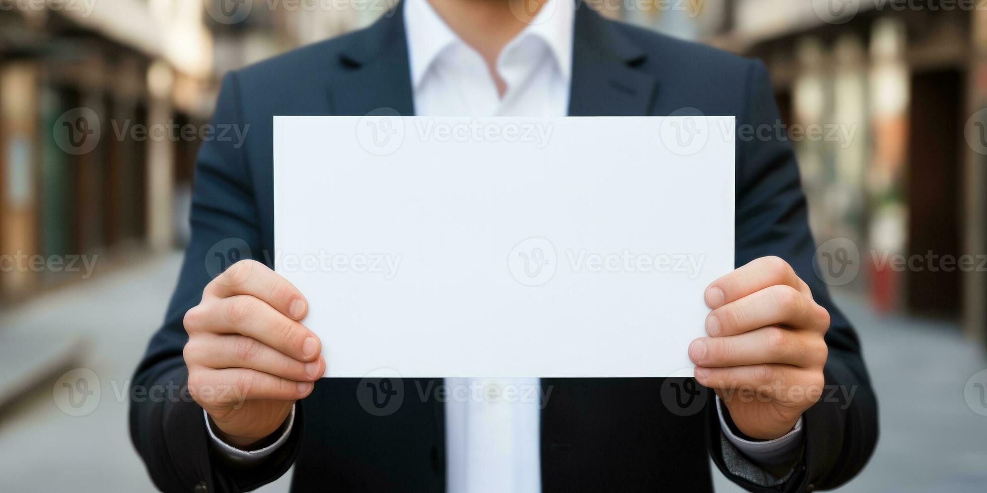 businessman holding blank, empty paper, generative AI photo