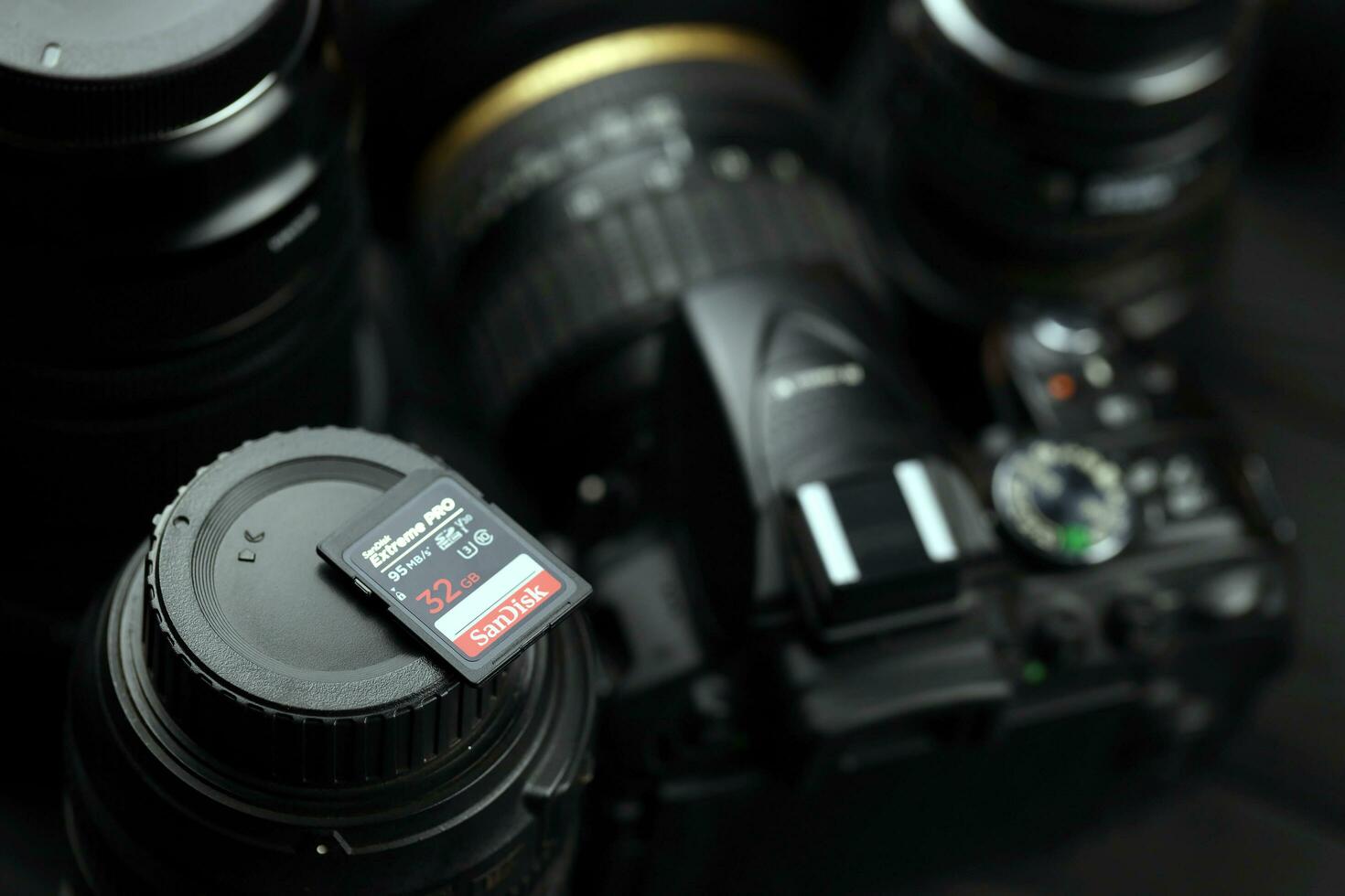 KHARKOV, UKRAINE - JANUARY 12, 2021 SanDisk Extreme pro sdhc 32gb new memory card for photo and video recording devices