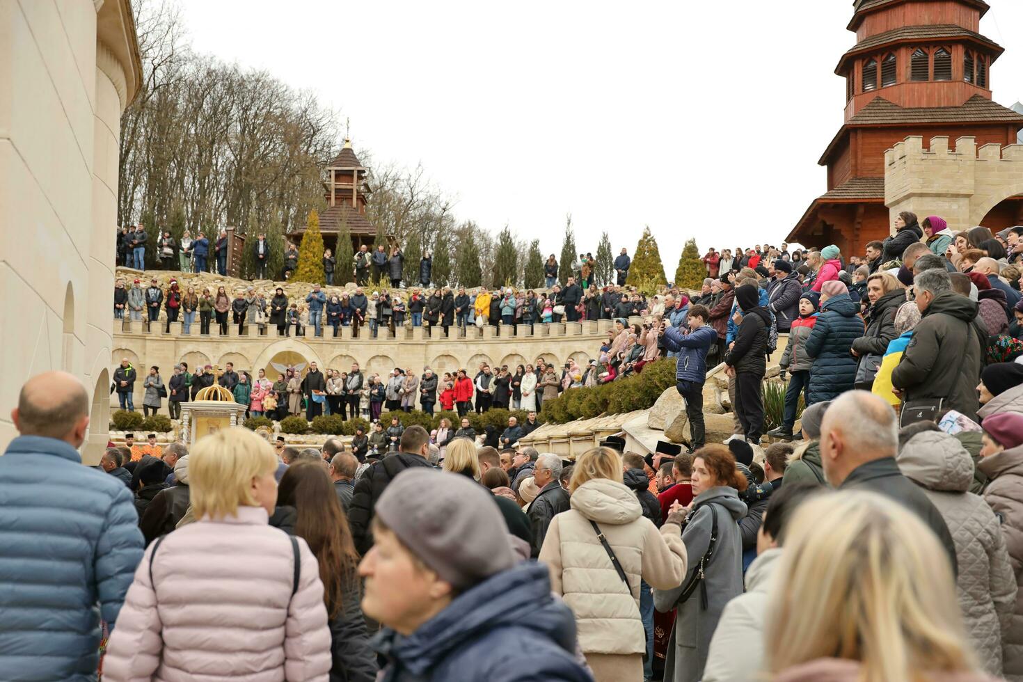 TERNOPIL, UKRAINE - APRIL 2, 2023 Many people during mission in complex of Ukrainian Jerusalem in the Mari spiritual center of Zarvanytsia In the Terebovlya district of the Ternopil photo