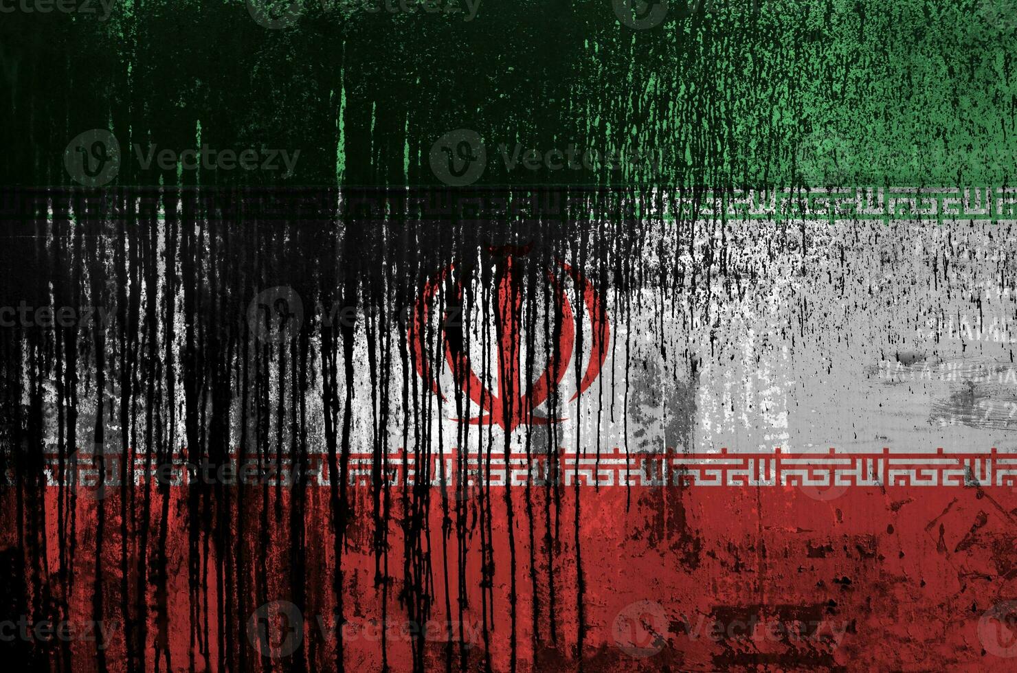 Iran flag depicted in paint colors on old and dirty oil barrel wall closeup. Textured banner on rough background photo