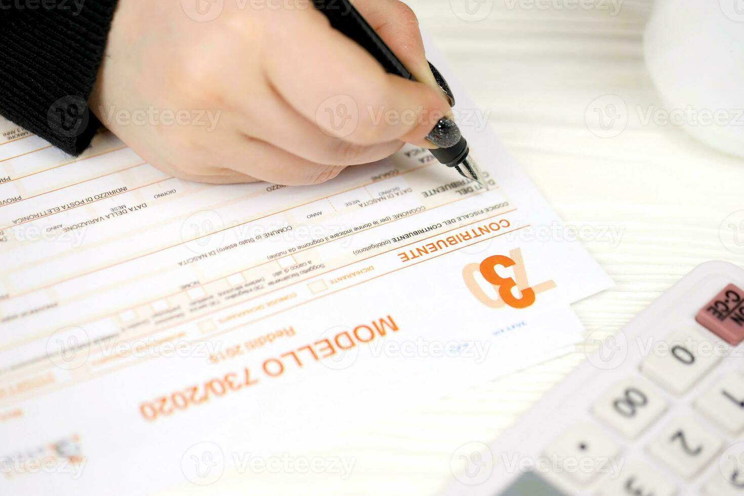Accountant fill italian tax form Modello 730 individual income tax return in end of tax period. Taxation and paperwork routine photo