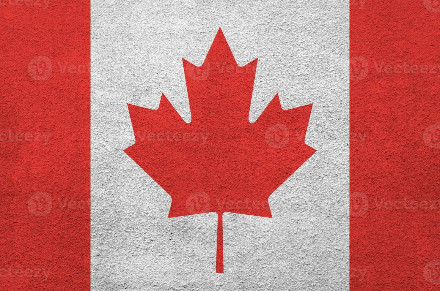 Canada flag depicted in bright paint colors on old relief plastering wall. Textured banner on rough background photo