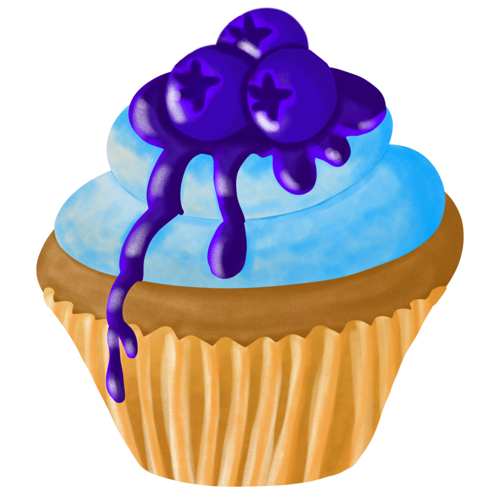 blueberry cupcake with blue icing and blueberries on top png
