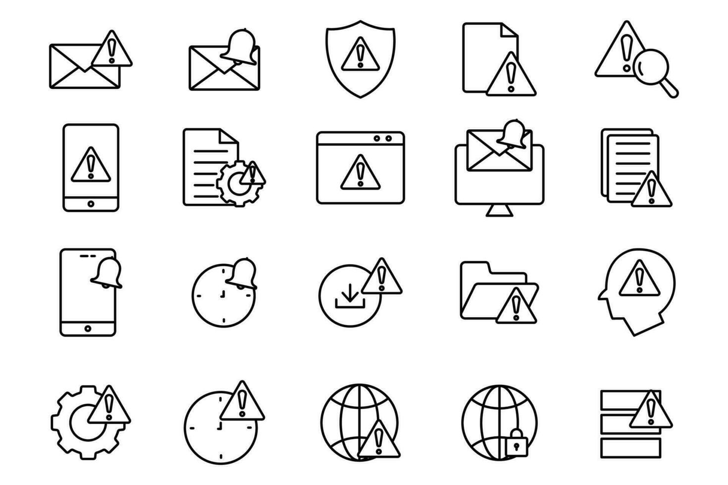 warning and notification icon set. warning, notification,  system error, network error, secured network, etc. line icon style design. Simple vector design editable