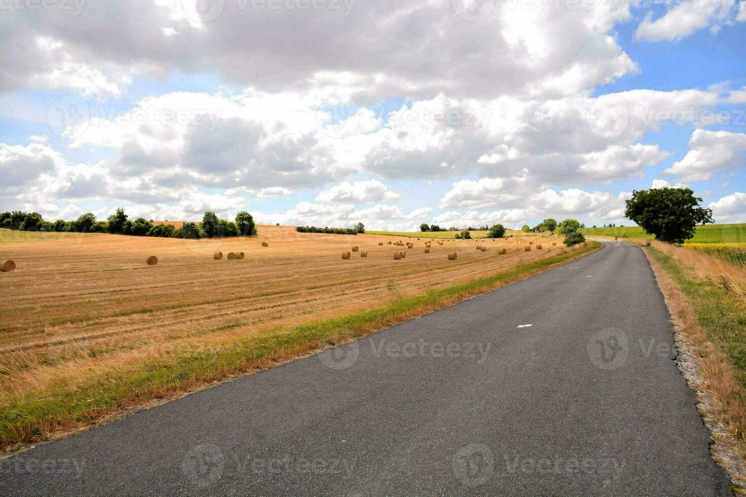 a country road with hay bales in the distance photo