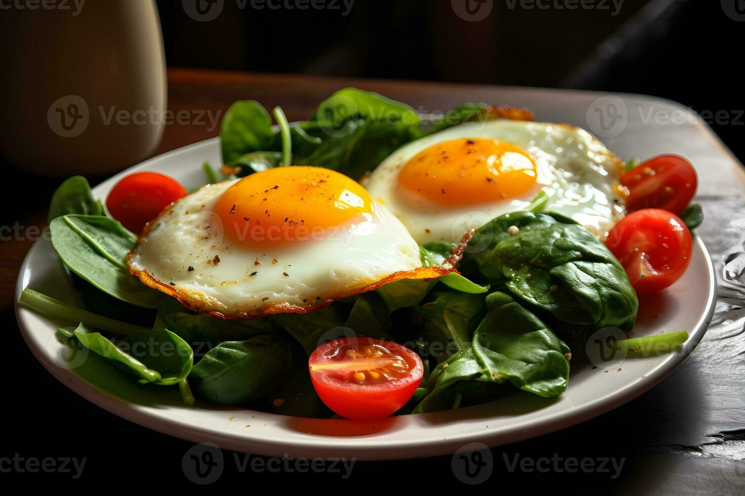 Scrambled eggs and vegetable salad. Neural network AI generated photo