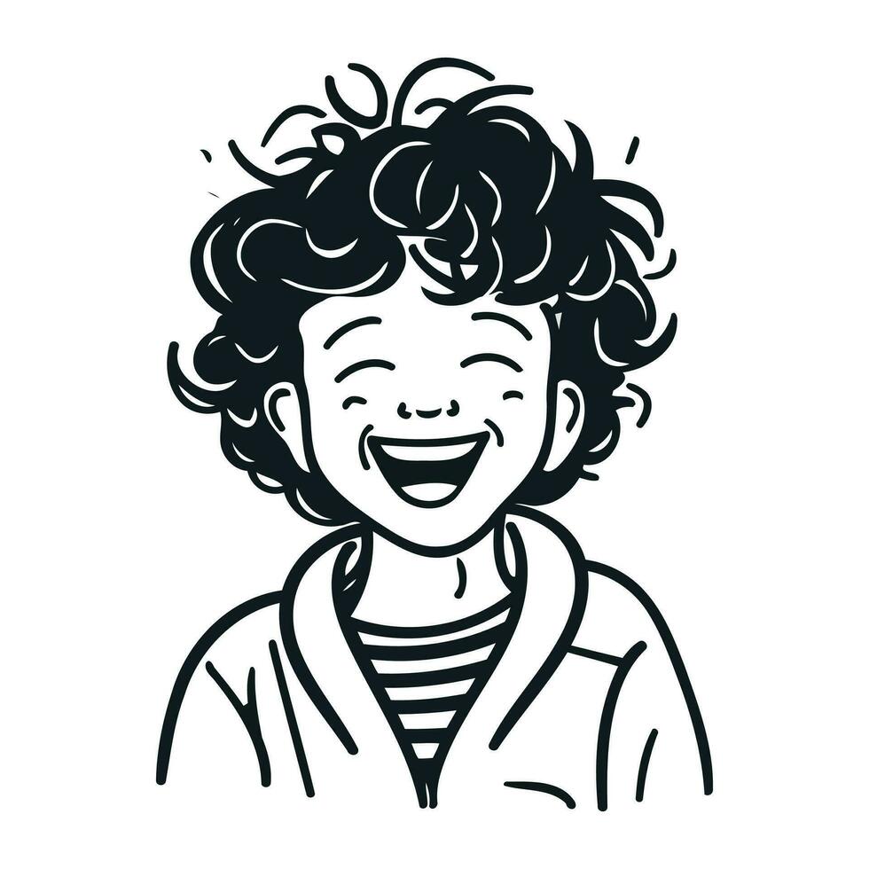 Vector black and white illustration of a smiling boy with curly hair.