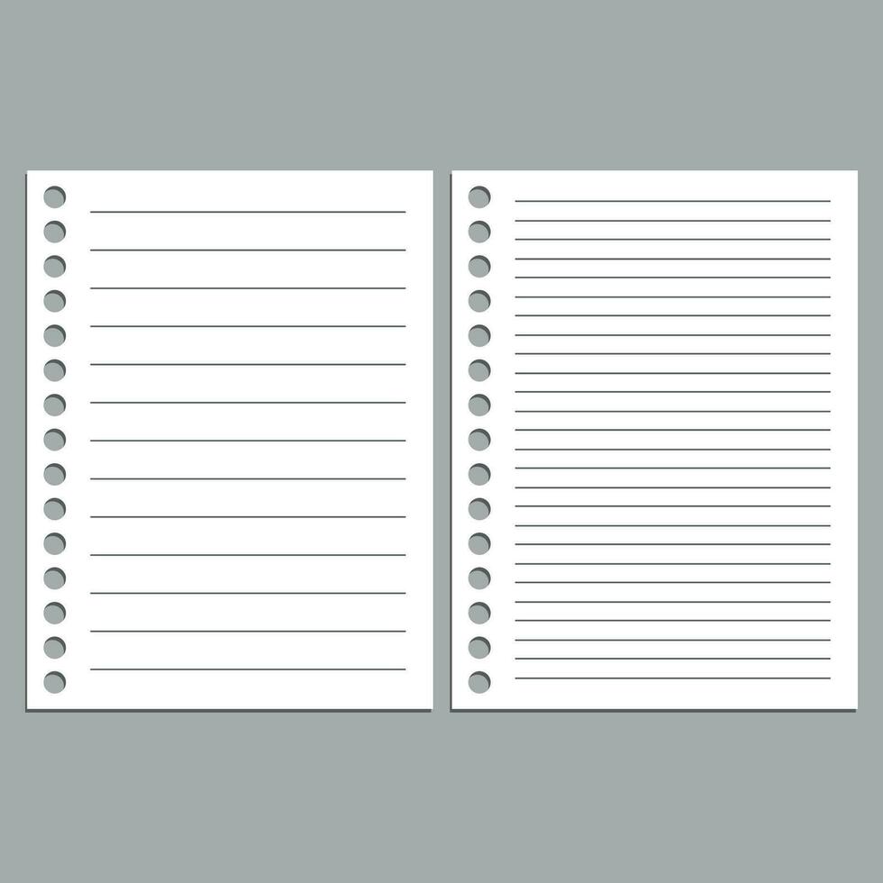 Set of vector realistic illustrations of a sheet of paper blank from a workbook with a shadow.
