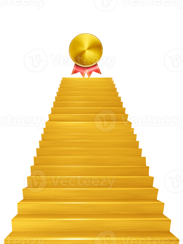 Gold coins at the top of the golden stairs success concept PNG transparent